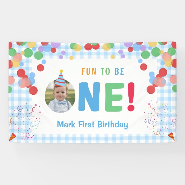 Blue Fun to Be One Photo First Birthday Banner (Horizontal)