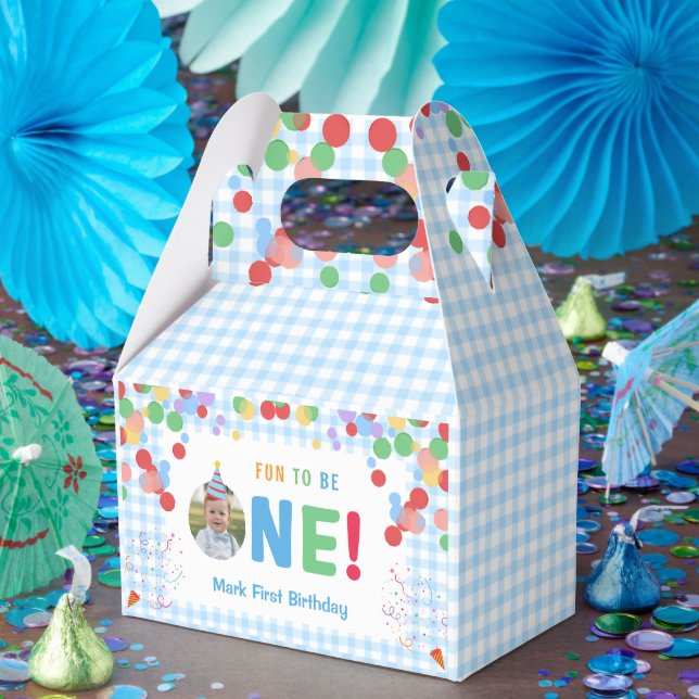 Blue Fun to Be One Photo First Birthday Favor Boxes (Party)