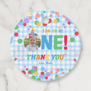Blue Fun to Be One Photo First Birthday Favor Tags