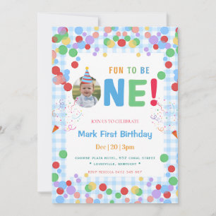 Blue Fun to Be One Photo  First Birthday Invitation