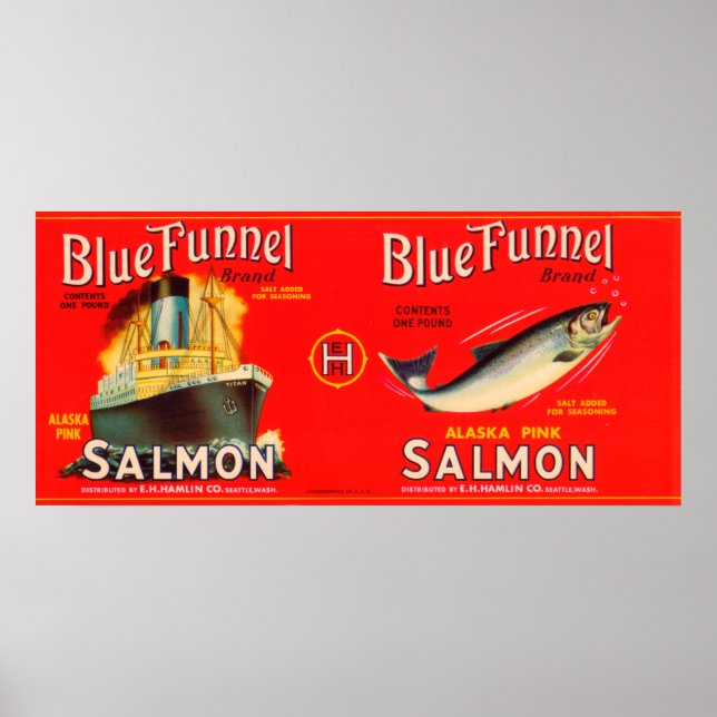 Blue Funnel Brand Salmon Label- Seattle, WA Poster (Front)