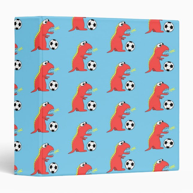 Blue Funny Cartoon Dinosaur Soccer Pattern 3 Ring Binder (Front/Spine)