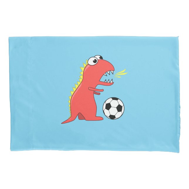 Blue Funny Cartoon Dinosaur Soccer Pillowcase (Front)