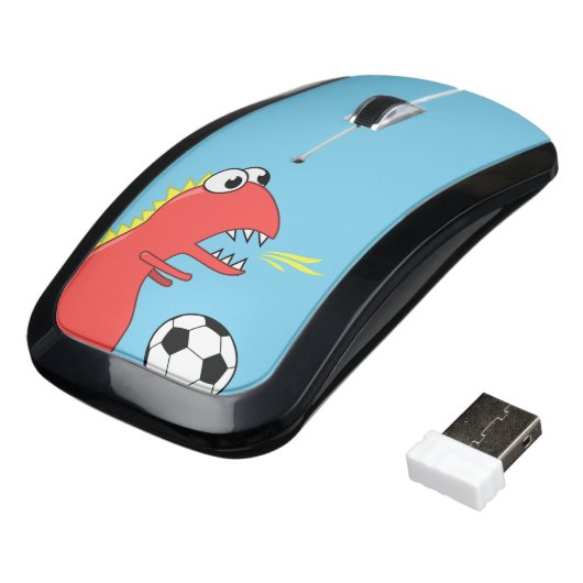 Blue Funny Cartoon Dinosaur Soccer Wireless Mouse (Angled)
