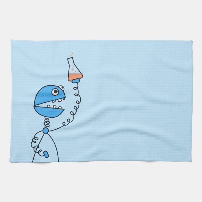 Blue Funny Cartoon Robot Chemistry Kitchen Towel (Horizontal)
