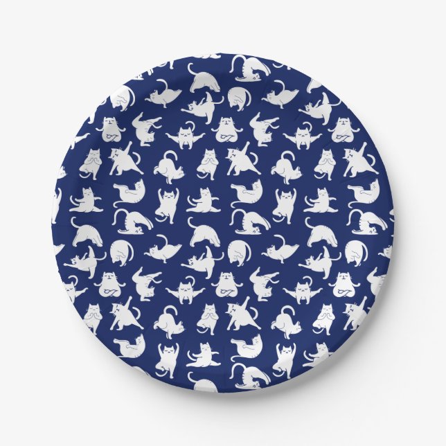 Blue Funny Cat In Yoga Sports Paper Plates (Front)