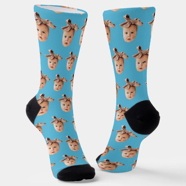 Blue Funny Custom Daughter Face Photo Crew Socks (Angled)