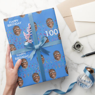 Blue Funny Custom Face Photo 100th Birthday Party Wrapping Paper