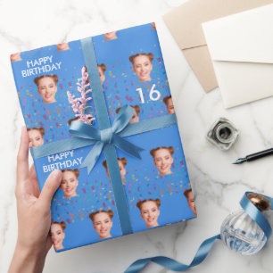Blue Funny Custom Face Photo 16th Birthday Party Wrapping Paper