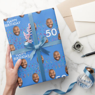 Blue Funny Custom Face Photo 50th Birthday Party Wrapping Paper