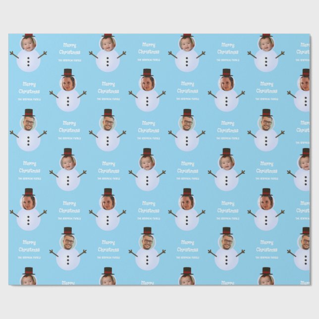 Blue Funny Custom Face Snowman Merry Christmas  Wrapping Paper (Flat)