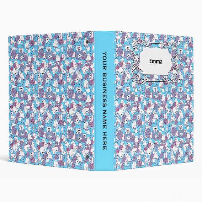 Blue Funny Cute Knitting Kitten Ball 3 Ring Binder (Background)