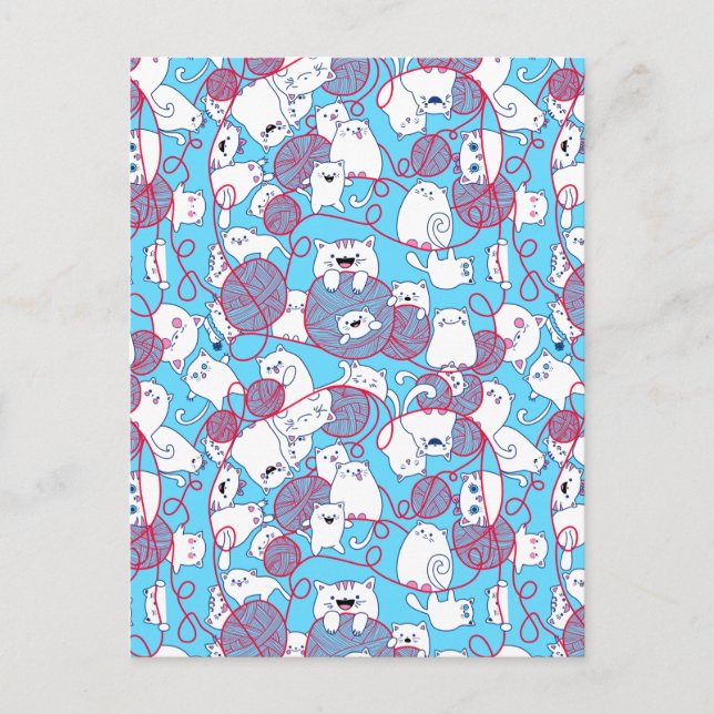 Blue Funny Cute Knitting Kitten Ball Holiday Postcard (Front)