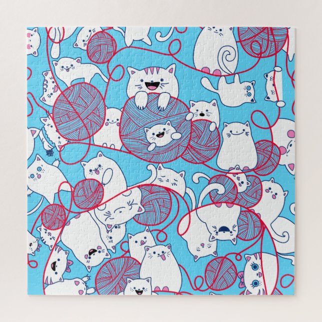 Blue Funny Cute Knitting Kitten Ball Jigsaw Puzzle (Vertical)