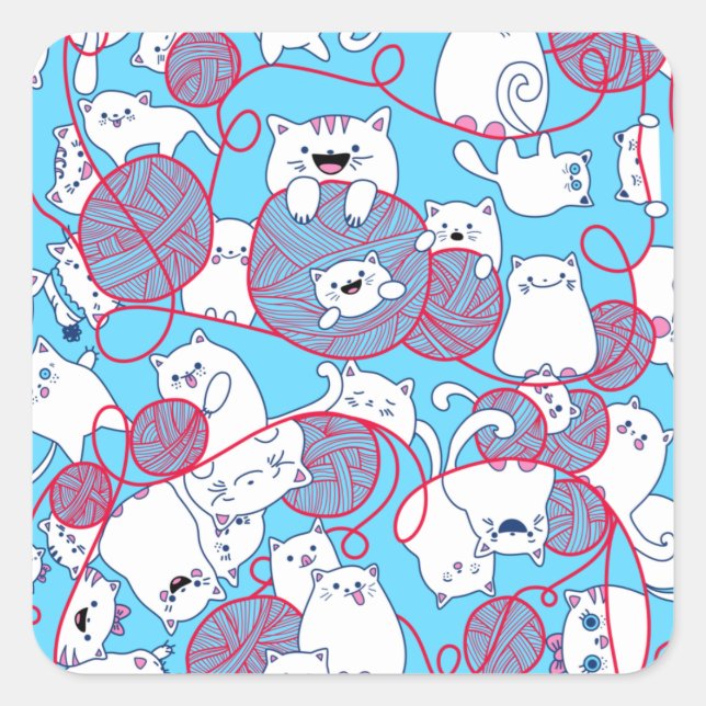 Blue Funny Cute Knitting Kitten Ball Square Sticker (Front)