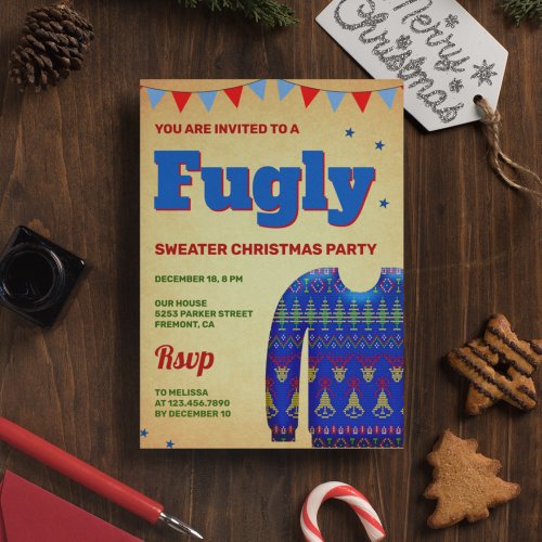 Blue Funny Fugly Ugly Sweater Christmas Party Invitation