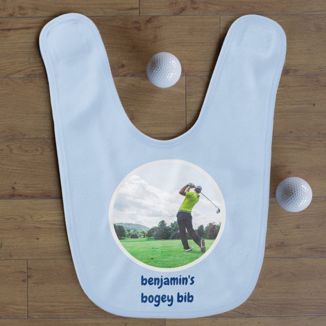 Blue Funny Golf Photo Future Golfer Name Boy Baby Bib (Creator Uploaded)