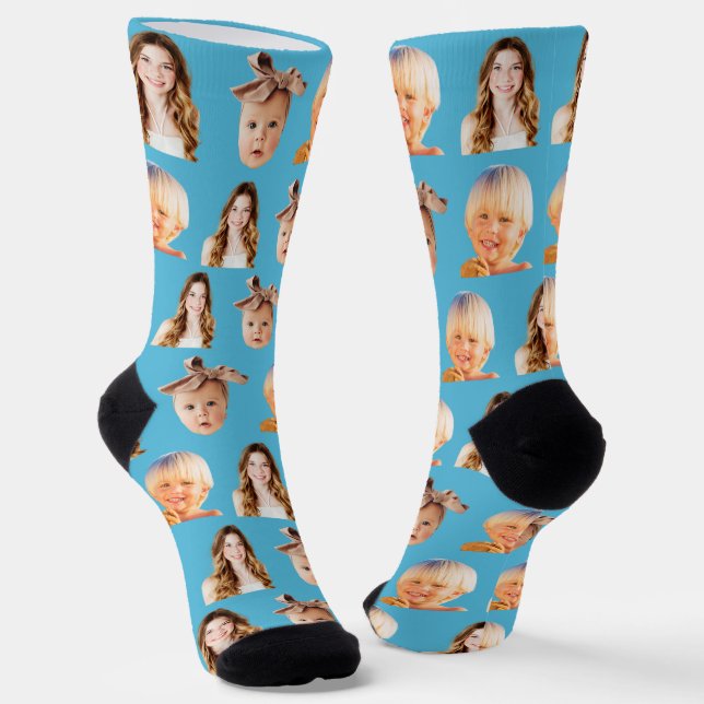 Blue Funny Personalized Mom of 3 Kids Photo Socks (Angled)