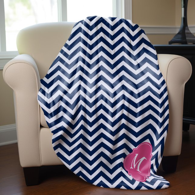 Blue & Fuschia Zigzag Pattern Monogram Fleece Blanket (Creator Uploaded)