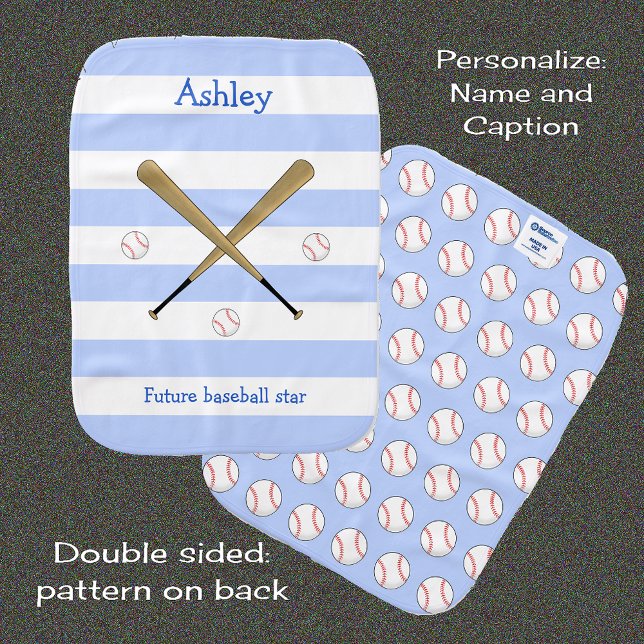 Blue future baseball star personalized baby burp cloth (Double sided)