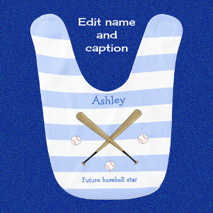 Blue future baseball star personalized striped baby bib
