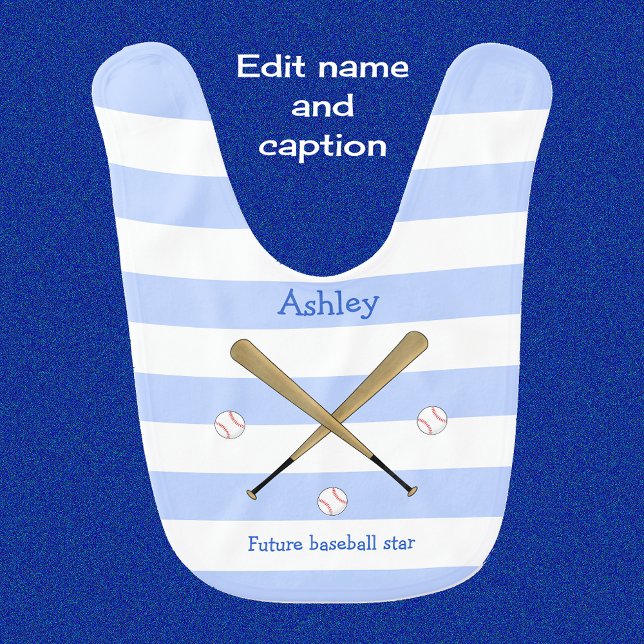 Blue future baseball star personalized striped baby bib (Creator Uploaded)
