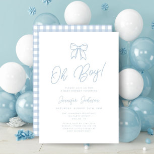 Blue G ingham Bow Oh Boy Baby Shower Invitation
