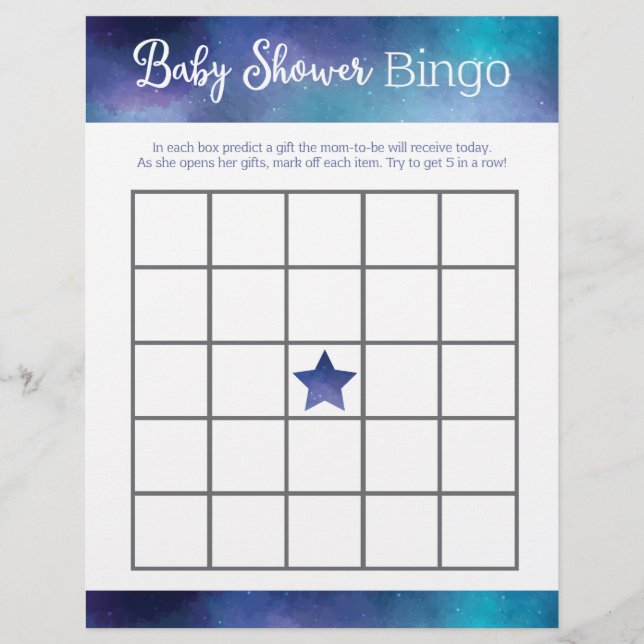 Blue Galaxy Baby Shower Bingo Game (Front)