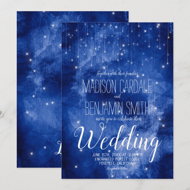 Blue Galaxy Celestial Stars Fairy Lights Wedding Invitation (Front/Back)