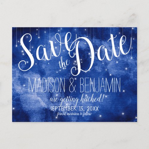 Blue Galaxy Celestial Stars Lights Save the Date Postcard