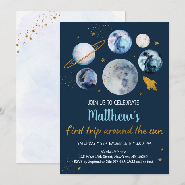 Blue Galaxy First Trip Around The Sun Birthday Invitation (Front/Back)