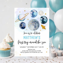 Blue Galaxy First Trip Around The Sun Birthday Invitation