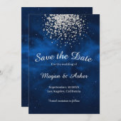 Blue Galaxy Night Sky with Silver Confetti Save The Date (Front/Back)