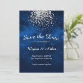 Blue Galaxy Night Sky with Silver Confetti Save The Date (Standing Front)