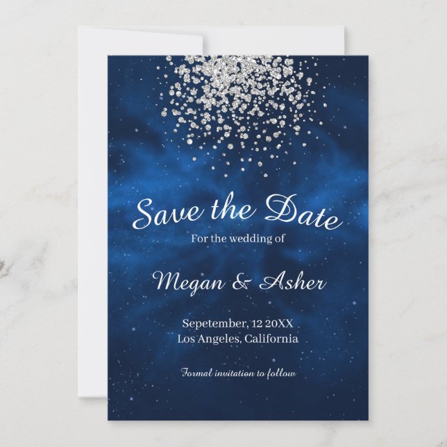 Blue Galaxy Night Sky with Silver Confetti Save The Date (Front)
