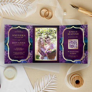 Blue Galaxy Purple Mandala QR Code Indian Wedding Tri-Fold Invitation