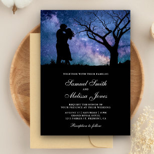 Blue Galaxy Romantic Couple Silhouette Wedding Invitation