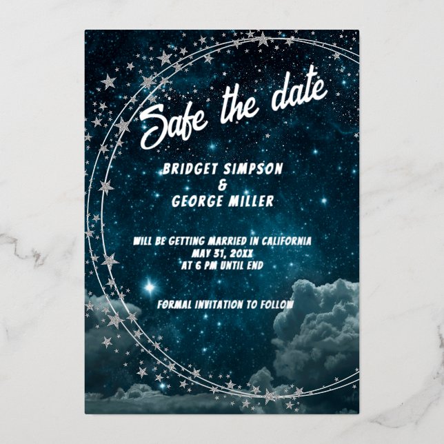 blue galaxy sky wedding safe the date foil invitation (Front)