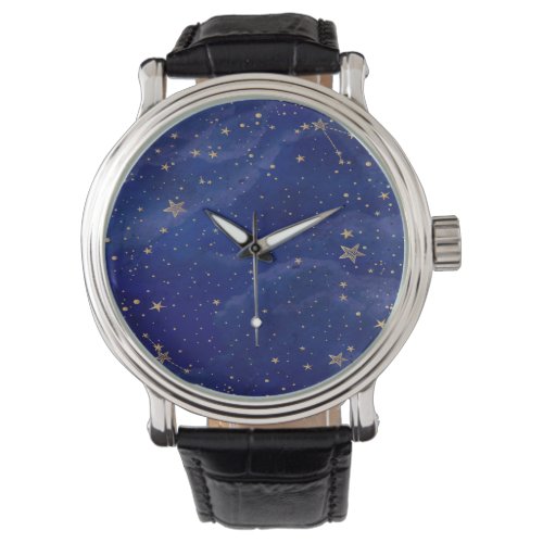 Blue Galaxy with Golden Stars Watch