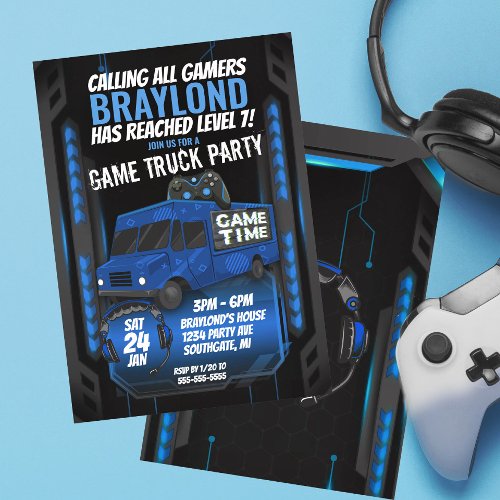 Blue Game Truck Birthday Party Invitation