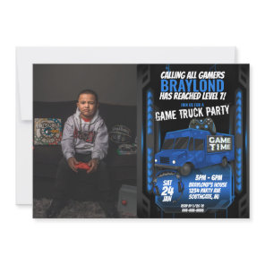Blue Game Truck Birthday Party Photo Invitation