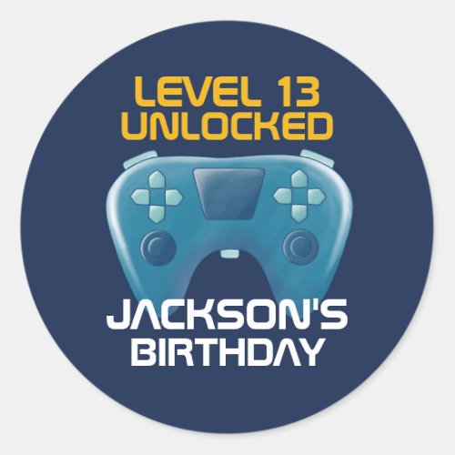 Blue Gamer Boy Gaming Level Unlocked Birthday Classic Round Sticker