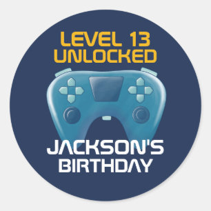 Blue Gamer Boy Gaming Level Unlocked Birthday Classic Round Sticker