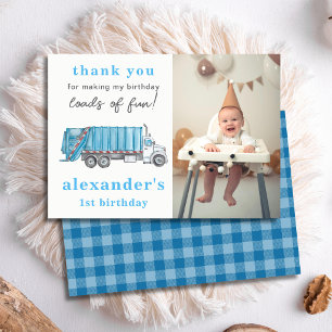 Blue Garbage Trash Truck 1st Birthday Photo  Thank You Card