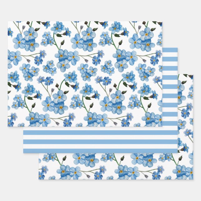 Blue Garden Botanical Pattern | Forget-Me-Not Wrapping Paper Sheets (Set)