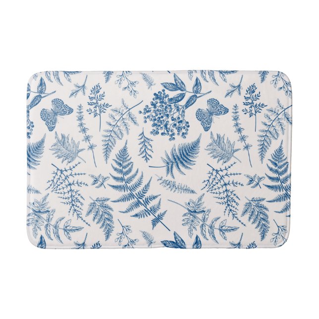Blue Garden Butterfly & Floral Garden Pattern Bath Mat (Front)