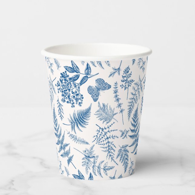 Blue Garden Butterfly & Floral Garden Pattern Paper Cups (Front)