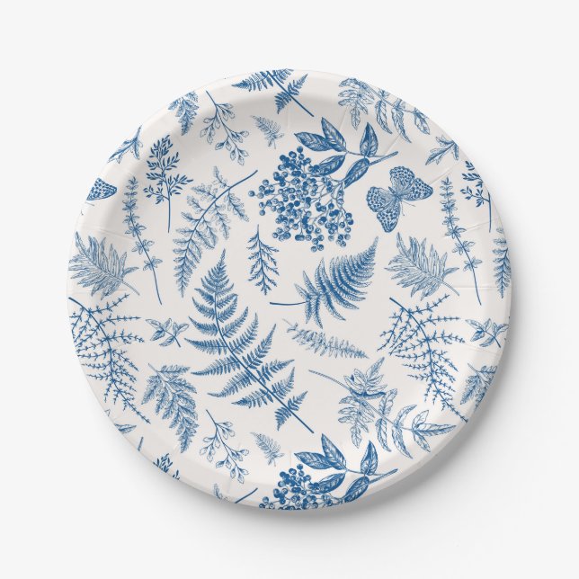 Blue Garden Butterfly & Floral Garden Pattern Paper Plates (Front)