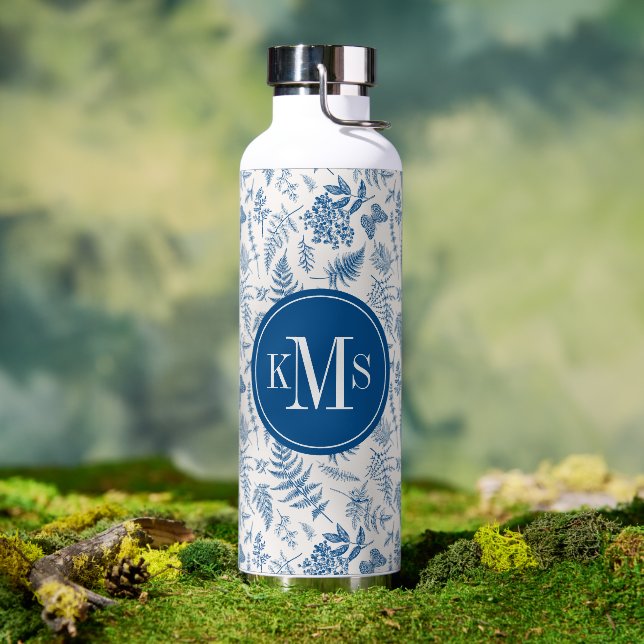 Blue Garden Butterfly & Floral Garden Pattern Water Bottle (Outdoor)