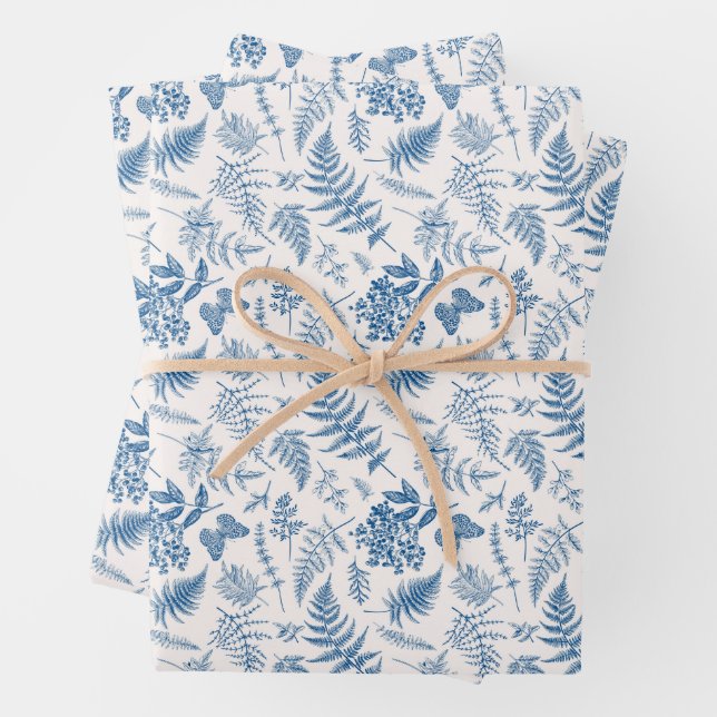 Blue Garden Butterfly & Floral Garden Pattern Wrapping Paper Sheets (In situ)